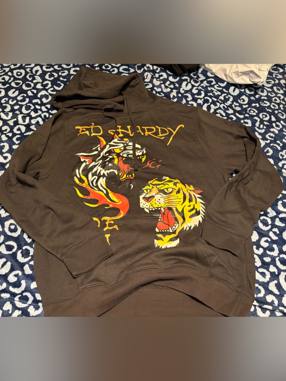 Ed Hardy Brown Hoodie with Yellow and Red Tiger Graphics